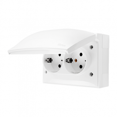 Gniazdo wtyczkowe IP44, Schuko, podwójne kompaktowe, klapka w kolorze pokrywy, 16 A, 250 V~, zaciski śrubowe; biały