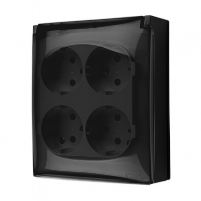 Gniazdo wtyczkowe IP44, Schuko, 4-krotne, klapka transparentna, z przesłonami, 16 A, 250 V~, zaciski śrubowe; czarny