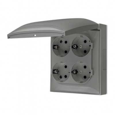 Gniazdo wtyczkowe Schuko 4-krotne IP44, klapka w kolorze pokrywy, z przesłonami torów prądowych, 16 A, 250 V~, zaciski śrubowe; szary