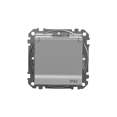 Sedna Design, gniazdo 2p+pE z przesłonami Ip44 (zaciski bezgwintowe), srebrne aluminium